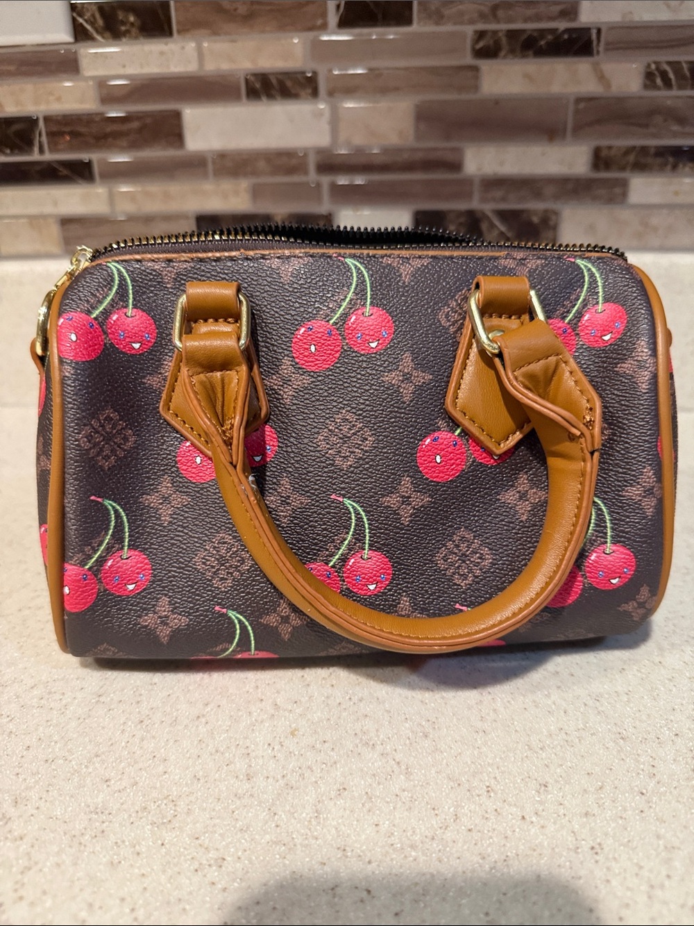 Brown Cherry Print Mini Satchel - Unbranded